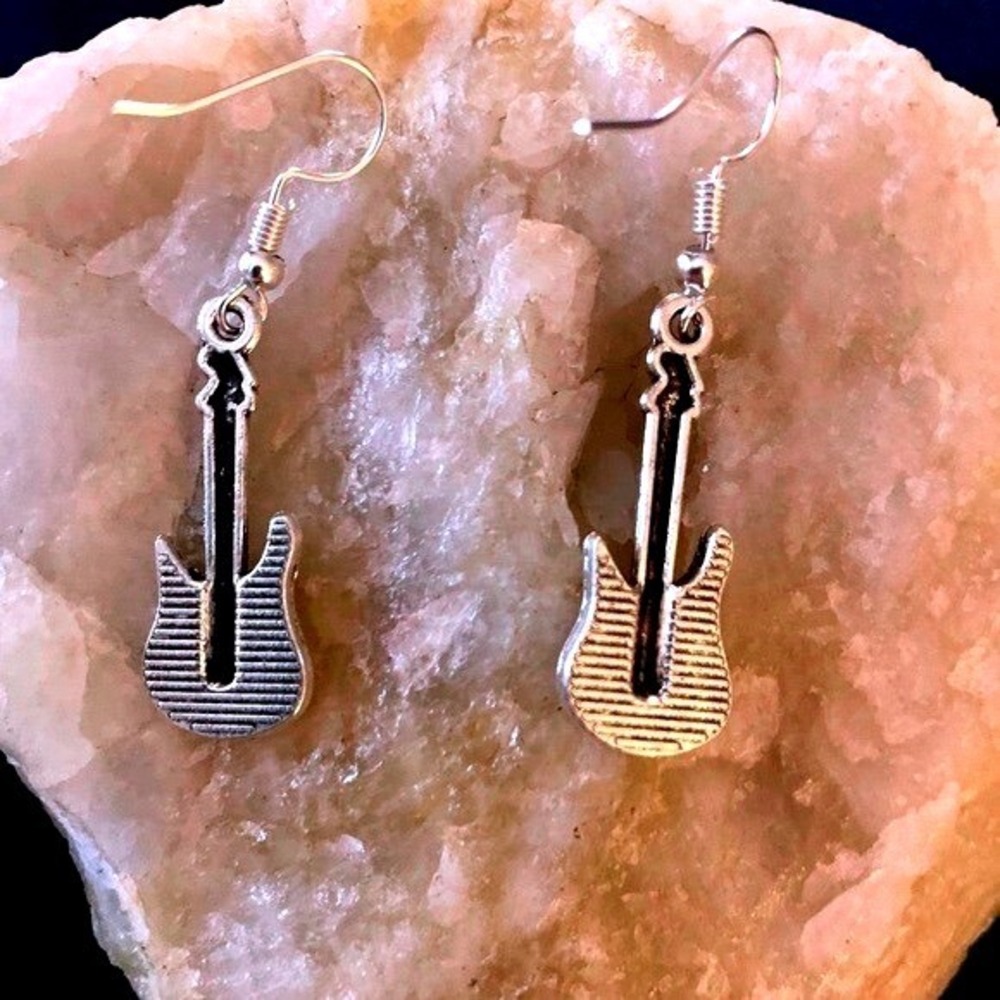 Tibetan Silver Detailed Guitar Hook Earrings-Gift Music Artist Rockstar Musician - Picture 2 of 4